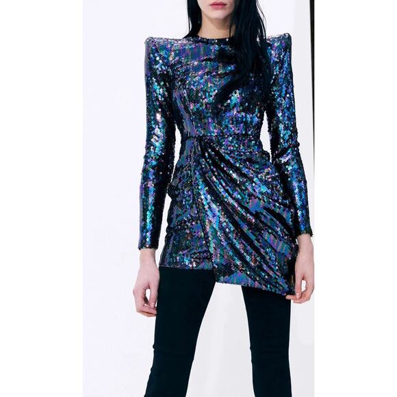 Alex Perry Iris Petrol Blue Sequins Shoulder Pads Draped Mini dress US size 10 - Picture 6 of 14